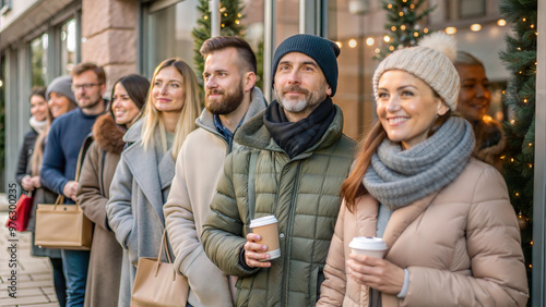 Smiling shoppers waiting outside store for Black Friday deals in winter clothing