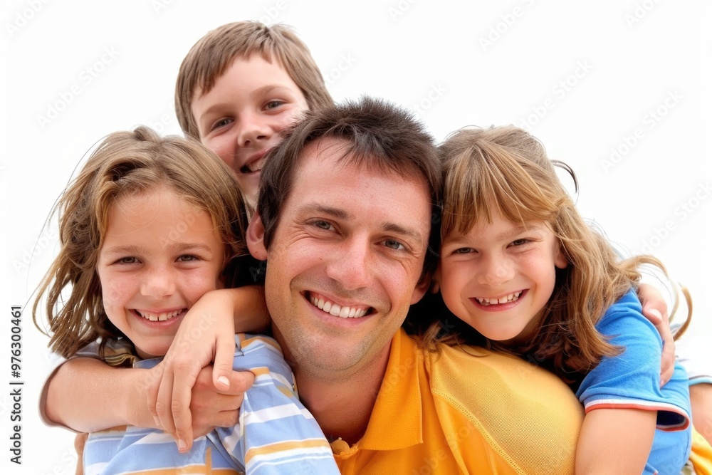 A man and three children smile together in front of the camera, conveying joy and togetherness A man and three children smile together in front of the camera, conveying joy and togetherness