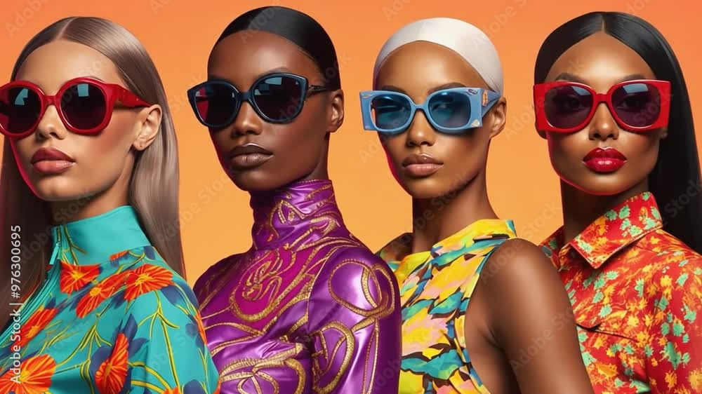 Four fashion models posing in colorful clothes and sunglasses Four fashion models posing in colorful clothes and sunglasses