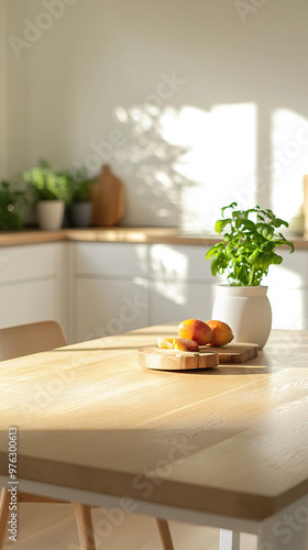 Light wood table in white kitchen and clean ambiance