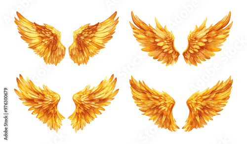 Cartoon angel gold wings. Seraphim feathers archangel plumage cherubim celestial divine quill soar flying yellow holy religious heavenly mythical symbol vector artworks isolated on white background