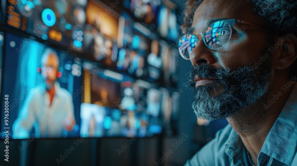 Create a scene of an LGBTQ+ identifying executive leading a virtual meeting via video conference, with team members on screens providing input. Create a scene of an LGBTQ+ identifying executive leading a virtual meeting via video conference, with team members on screens providing input.