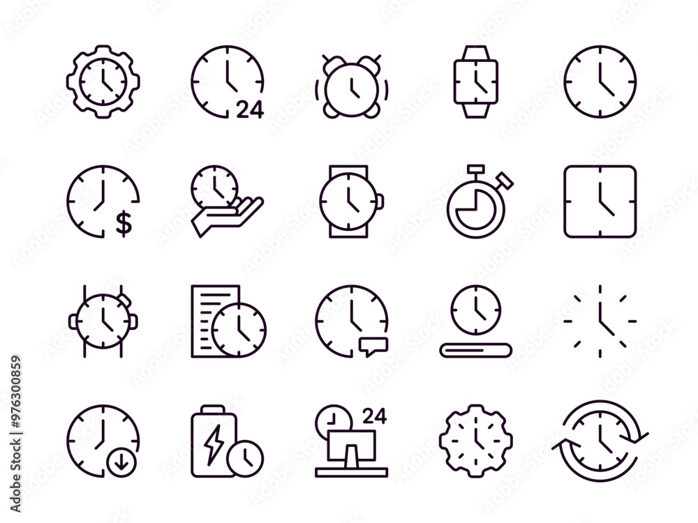 Time icons. Hour clock. Alarm watch line symbol. Date calendar. Timer dial. Stopwatch and hourglass. Fast speed. Minutes countdown. Wristwatch battery. Vector chronometer pictograms set Time icons. Hour clock. Alarm watch line symbol. Date calendar. Timer dial. Stopwatch and hourglass. Fast speed. Minutes countdown. Wristwatch battery. Vector chronometer pictograms set