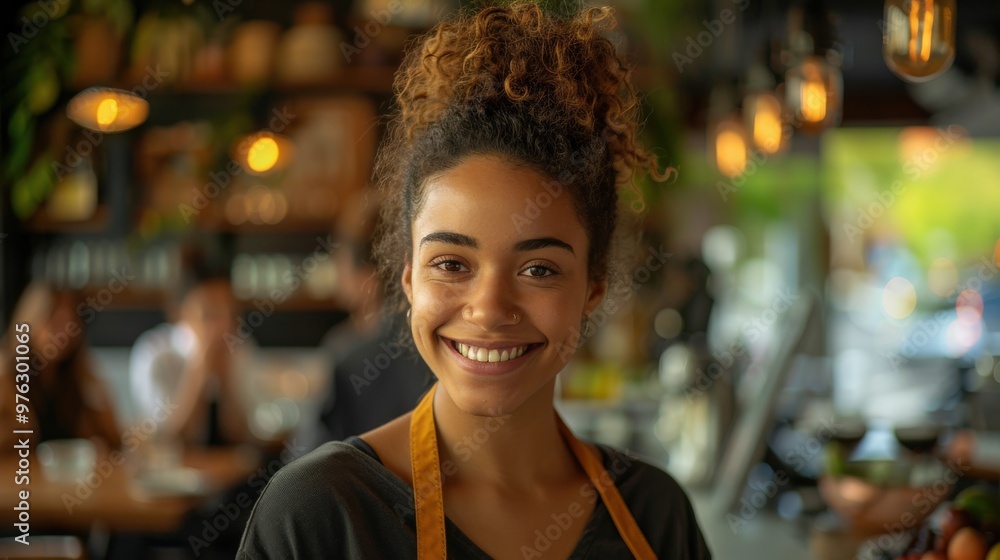 Fototapeta premium Design an image of an LGBTQ+ worker at a small restaurant or cafÃ©, interacting with customers and ensuring they have a pleasant dining experience.