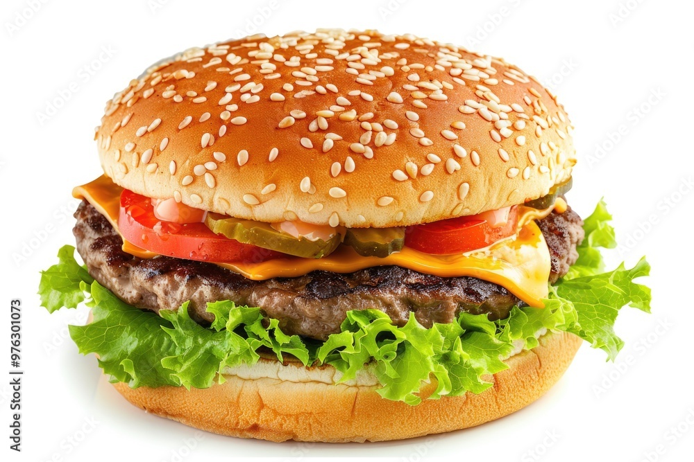A juicy cheeseburger topped with crisp lettuce, fresh tomato, and melted cheese, perfect for a quick snack or lunch A juicy cheeseburger topped with crisp lettuce, fresh tomato, and melted cheese, perfect for a quick snack or lunch