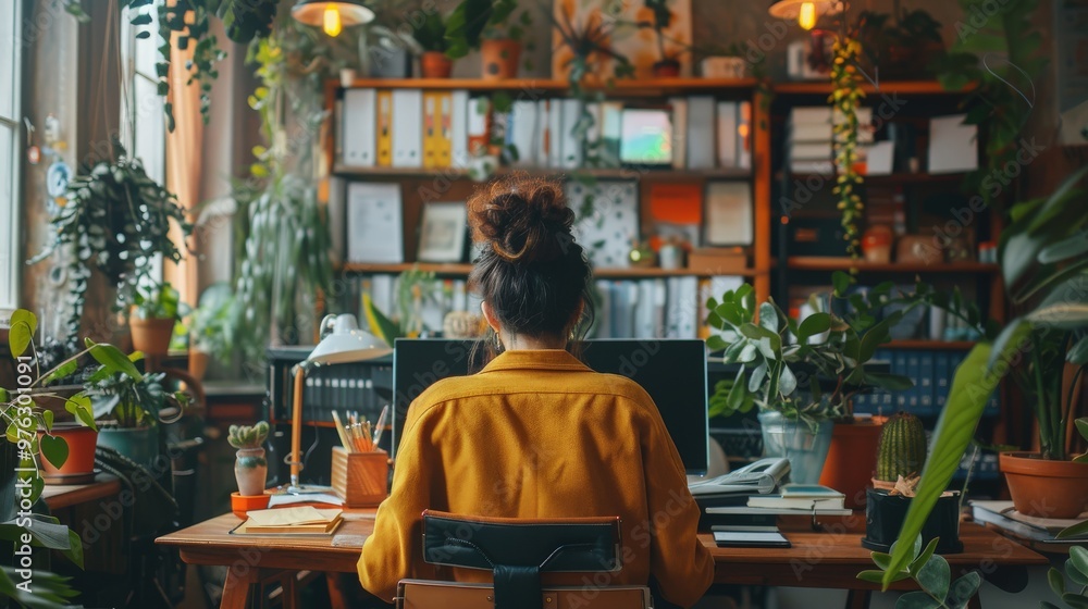 Generate an image of an LGBTQ+ person working alone at a desk station in a contemporary office, surrounded by work materials and a focused demeanor. Generate an image of an LGBTQ+ person working alone at a desk station in a contemporary office, surrounded by work materials and a focused demeanor.