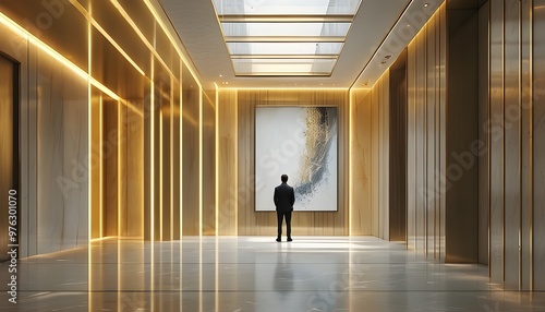 Contemplative Moment in a Luxurious Minimalist Atrium Bathed in Golden Light and Abstract Art