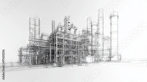 Wireframe sketch of industrial equipment with visible and invisible lines separated in layers.