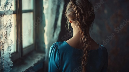 Back view of a girl wearing blue attire with a romantic look.