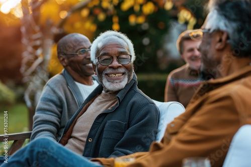 A group of older men sit together on a bench, enjoying each other's company