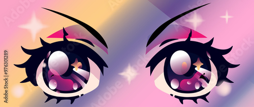 Bright violet anime eyes with long lashes on atmospheric gradient pastel background with sparkles.
