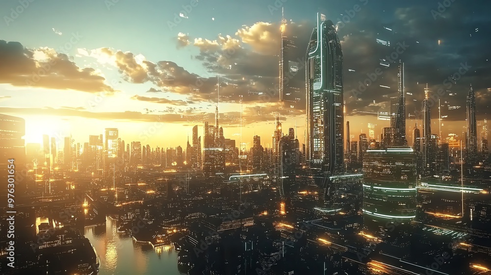 Fototapeta premium A futuristic cityscape with glowing buildings at sunset.