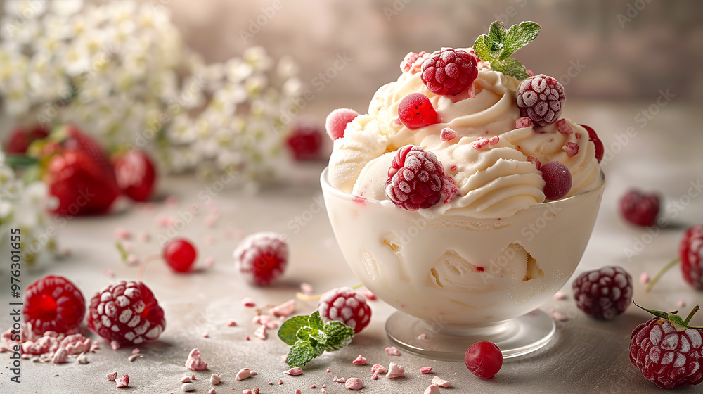 Berry ice cream float served in a frosty bowl with fruits and berries garnish. Berry ice cream float served in a frosty bowl with fruits and berries garnish.