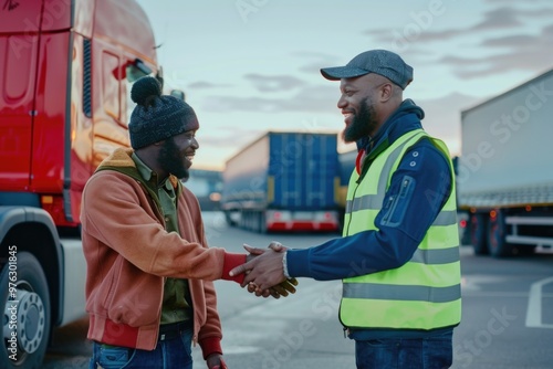 Businessmen exchanging greetings near a vehicle