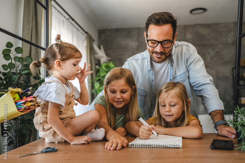 Adult single father of three daughters help them to do homework Adult single father of three daughters help them to do homework
