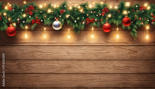 Christmas decorations and gifts and garland on a wooden wall background for new year celebrations, winter fairy tale