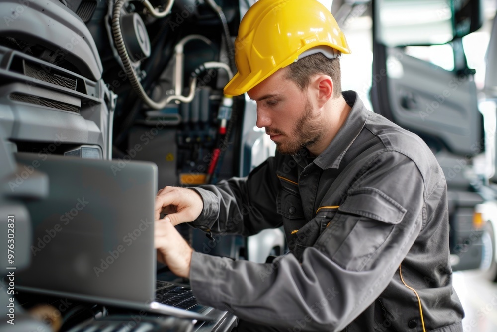 Man in a hard hat works on a laptop at construction site, great for background or illustration Man in a hard hat works on a laptop at construction site, great for background or illustration