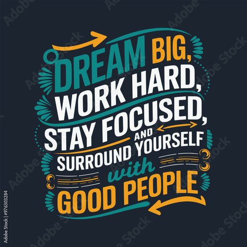 Motivational typography. inspirational quotes - dream big, work hard, stay focused, and surround yourself with good people
