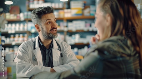 A scientist in a lab coat is having a conversation with a woman, likely discussing research or a project