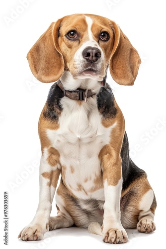 A brown and white dog sitting on a white surface, perfect for pet-related themes or marketing materials