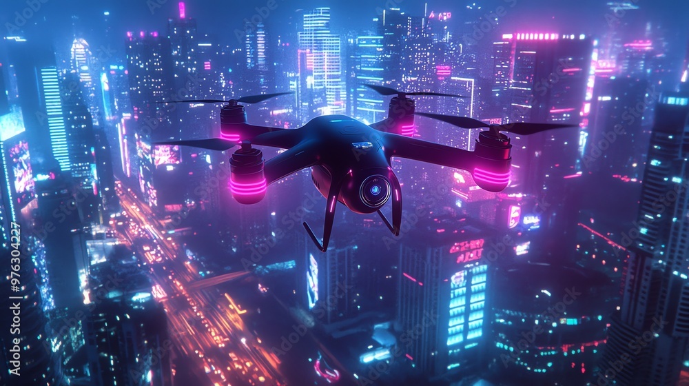 A drone flying over a futuristic cityscape at night. The city is illuminated with neon lights and the drone has pink lights. A drone flying over a futuristic cityscape at night. The city is illuminated with neon lights and the drone has pink lights.