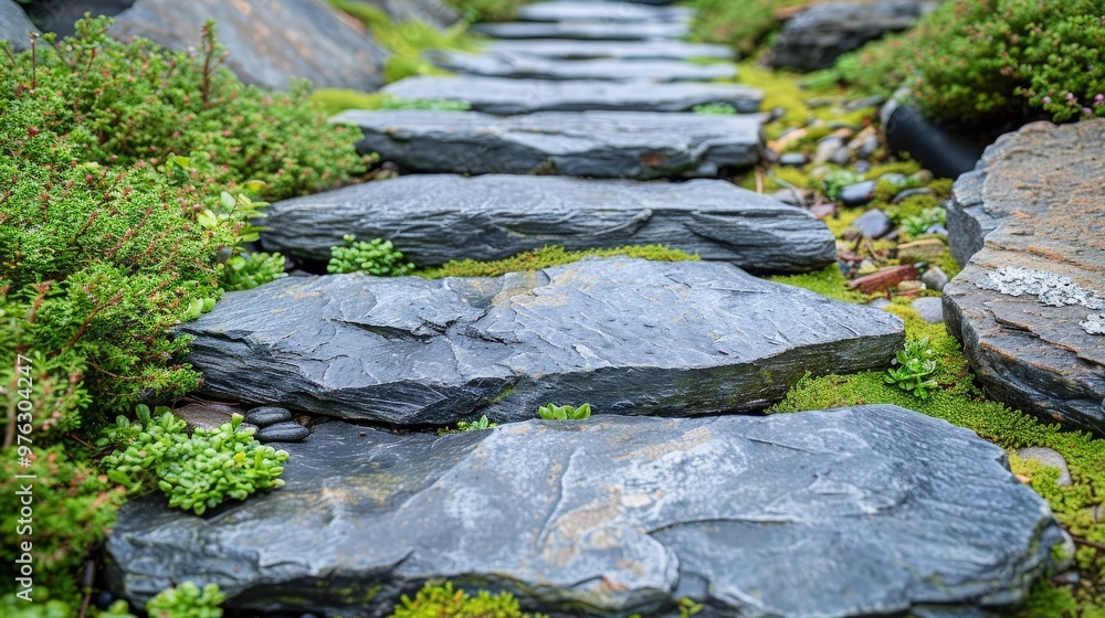 Rough Stone Pathway with Mixed Gray Stones and Soft Green Lichen Rough Stone Pathway with Mixed Gray Stones and Soft Green Lichen