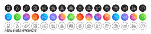 Boat, Scuba diving and Yoga mind line icons. Round icon gradient buttons. Pack of Winner cup, Medal, Winner icon. Sports stadium, Quiz, Empower pictogram. Yoga, Reward, Bicycle parking. Vector