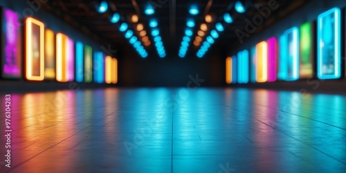 Modern Artistic Presentation Background: Immersive Corridor with Neon-Lit Frames in a Dark Room Creating Rainbow Hues