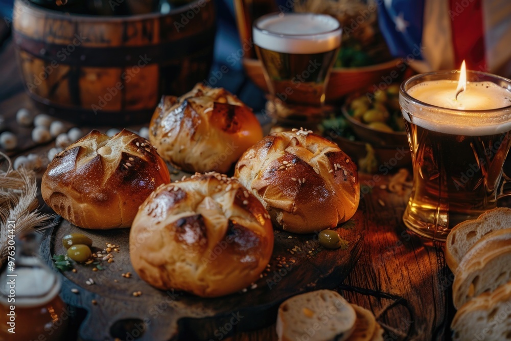 A table set with fresh bread and a glass of beer, perfect for a cozy evening or outdoor gathering A table set with fresh bread and a glass of beer, perfect for a cozy evening or outdoor gathering