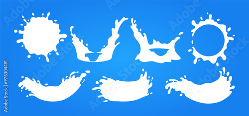 Cartoon milkshake splash. Flat white milk blots and drops, dairy swirl, pour yogurt splashes, milky waves and shapes for logo, emblems, sign. Nature organic dairy products. Vector set liquid