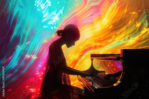 A woman plays the piano in front of a vibrant and lively background, great for music or creative concept uses photo