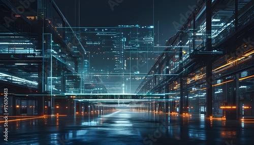 Futuristic Industrial Complex at Night with Digital Overlays, Engineers Face, and Advanced Cybernetic Technology Integration