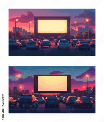 Cartoon Drive in cinema theater with cars on parking. Open air back view auto vehicles, backyard movie projector blank screen outdoor location, sunset evening landscape vector illustrations