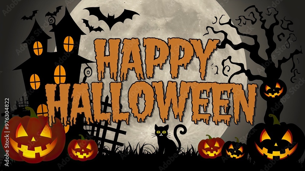 Haunted Halloween scene with bats flying around it. There are pumpkins with jack-o-lanterns, and a black cat, Text Happy Halloween, Great for Card design and posters, for that Halloween party. Haunted Halloween scene with bats flying around it. There are pumpkins with jack-o-lanterns, and a black cat, Text Happy Halloween, Great for Card design and posters, for that Halloween party.