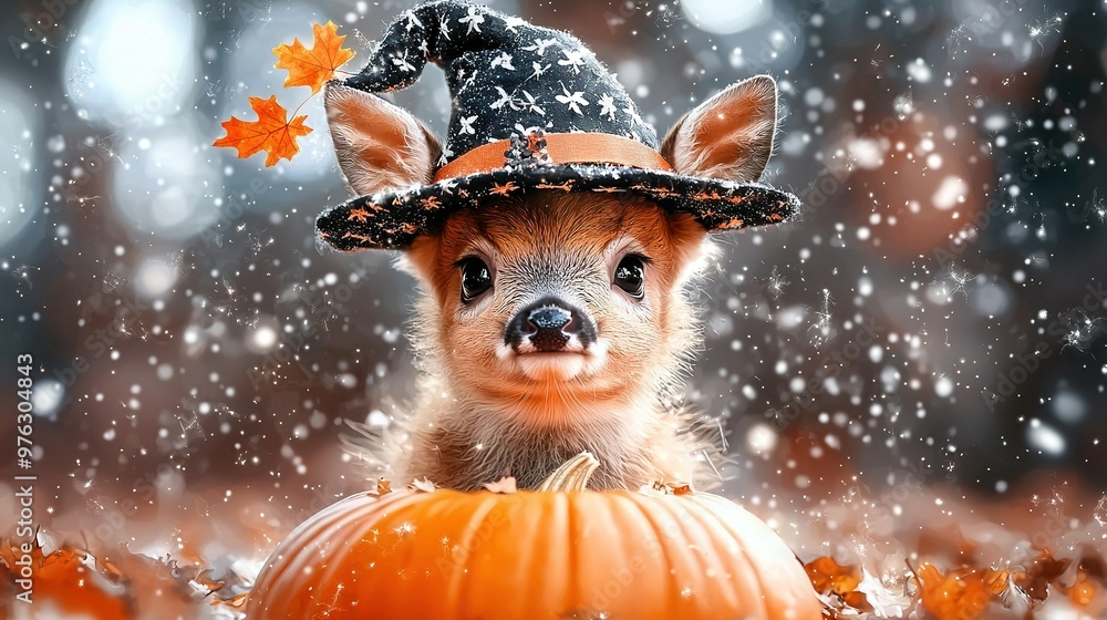 A baby deer in a witch's hat atop a pumpkin amidst leafy snow A baby deer in a witch's hat atop a pumpkin amidst leafy snow