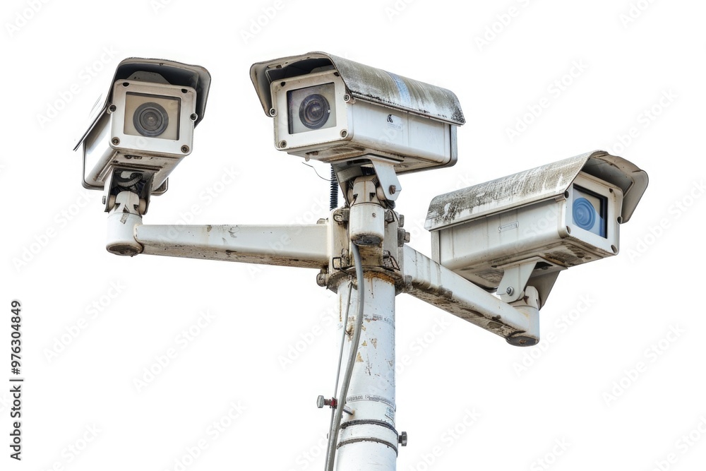 A pair of security cameras installed on a metal pole, great for urban or industrial settings A pair of security cameras installed on a metal pole, great for urban or industrial settings