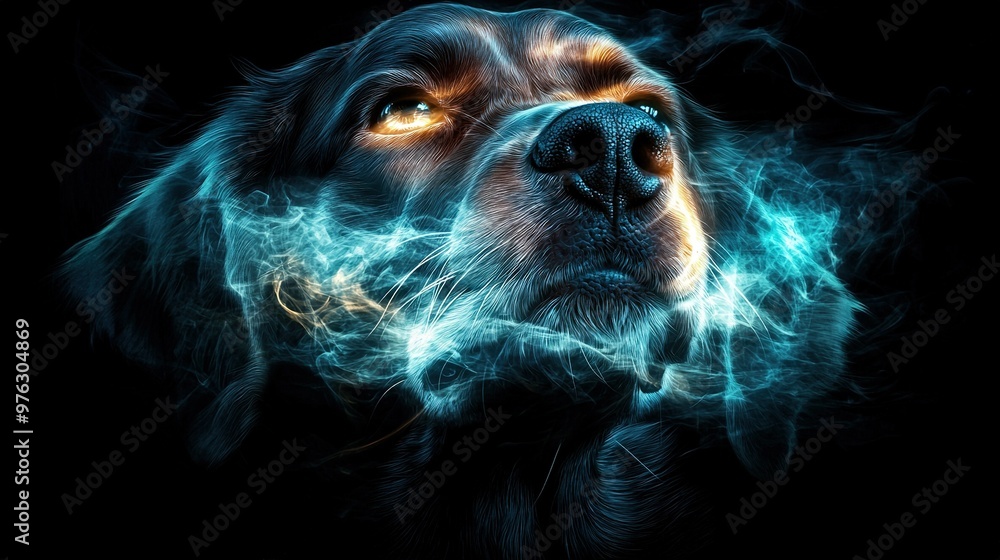 Close-up of a dog's face with blue and orange smoke emanating from its eyes Close-up of a dog's face with blue and orange smoke emanating from its eyes