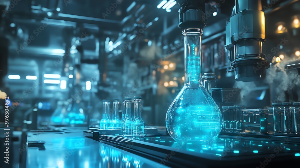 Closeup of a robotic arm in a futuristic lab, holding a glowing beaker of liquid.