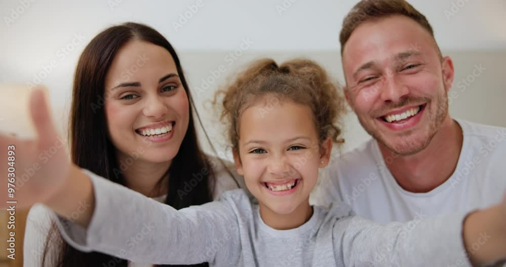 Love, face and happy family with selfie in a bedroom for fun, bond and play at home together. Portrait, smile and child with parents for social media profile picture, photography or staycation memory Love, face and happy family with selfie in a bedroom for fun, bond and play at home together. Portrait, smile and child with parents for social media profile picture, photography or staycation memory
