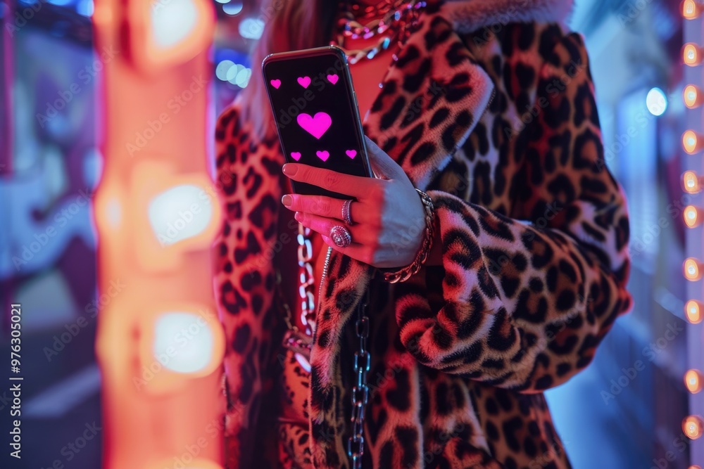 A woman holds a cell phone while wearing a leopard print coat A woman holds a cell phone while wearing a leopard print coat