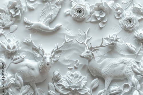 Close-up shot of a sculpture featuring animals and flowers, great for editorial use or as a decorative element