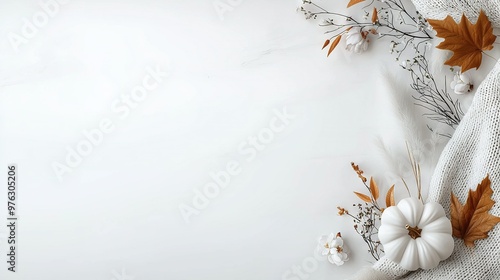White background with autumn leaves and white pumpkins at the bottom of the image