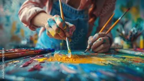 A person engaged in a relaxing art therapy session, creating artwork in a bright, creative space