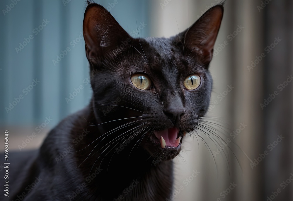A sleek, black cat with striking yellow eyes is standing on a stone ledge A sleek, black cat with striking yellow eyes is standing on a stone ledge