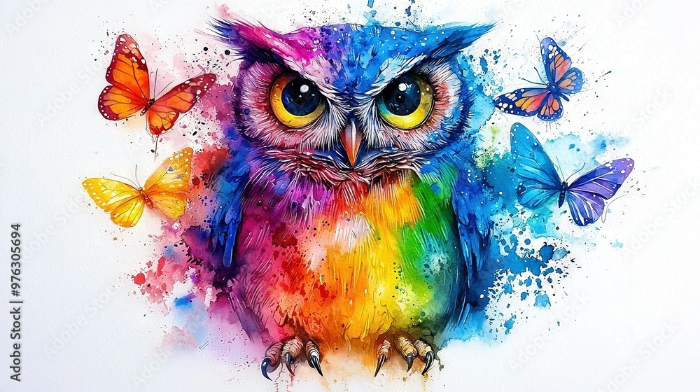 An owl in color perches on a white table with a butterfly nearby and watercolor splatters An owl in color perches on a white table with a butterfly nearby and watercolor splatters