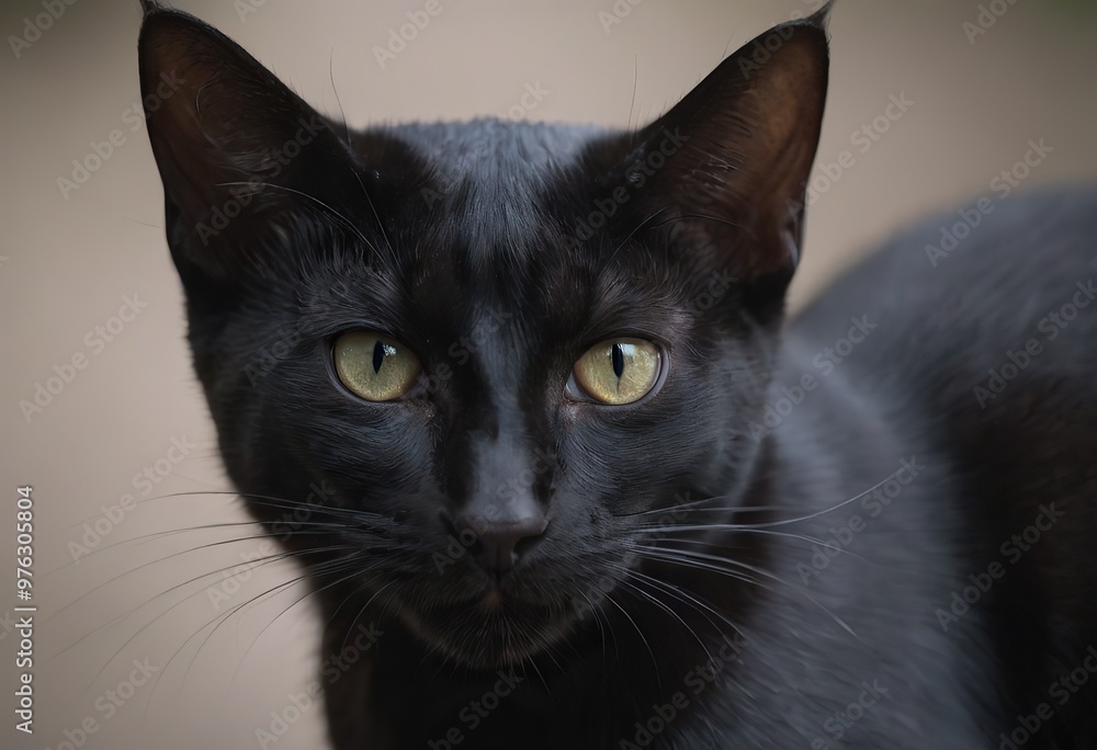 A sleek, black cat with striking yellow eyes is standing on a stone ledge A sleek, black cat with striking yellow eyes is standing on a stone ledge