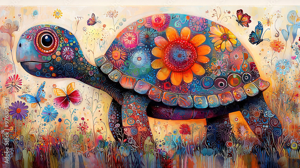 A painting of a turtle wearing a flower on its head and a butterfly on ...