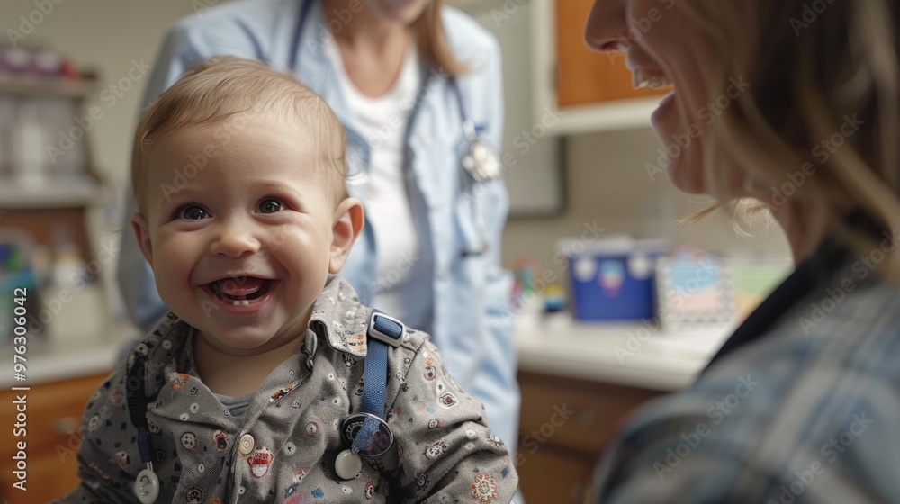 A pediatrician performing a routine check-up on a smiling newborn in a bright, welcoming exam room A pediatrician performing a routine check-up on a smiling newborn in a bright, welcoming exam room