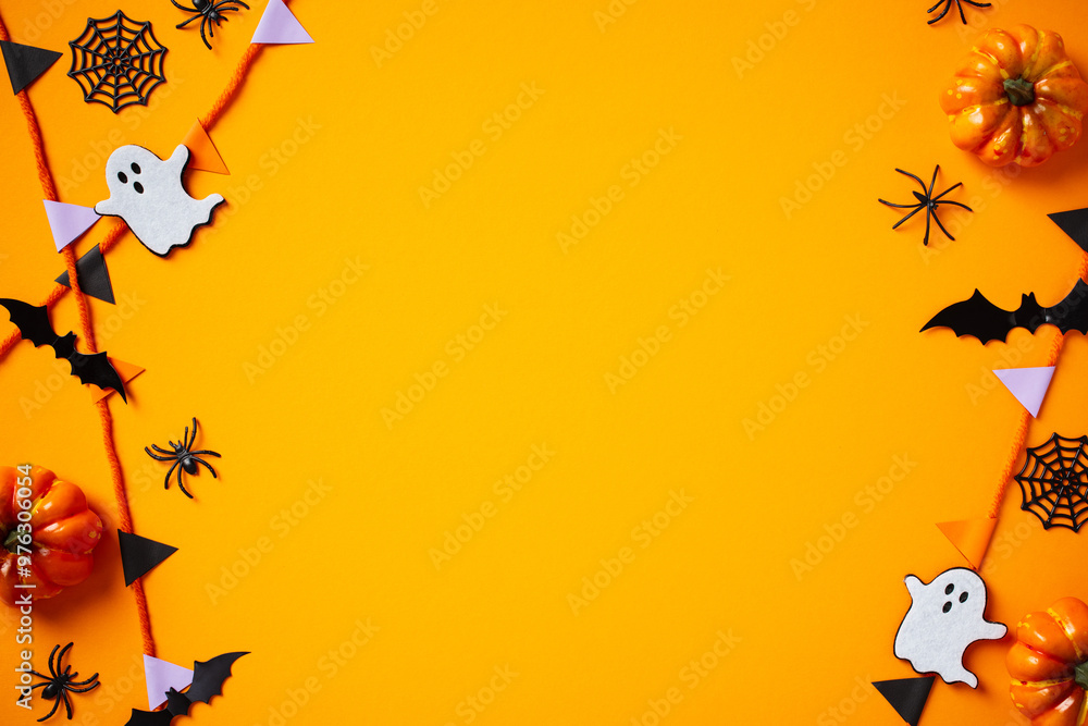 Top view Halloween concept with garland, pumpkins, ghosts, spiders and bats on orange background Top view Halloween concept with garland, pumpkins, ghosts, spiders and bats on orange background