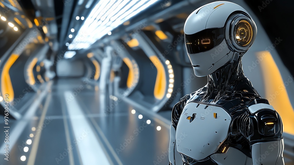 Fototapeta premium A futuristic robot stands in a sleek, modern corridor.